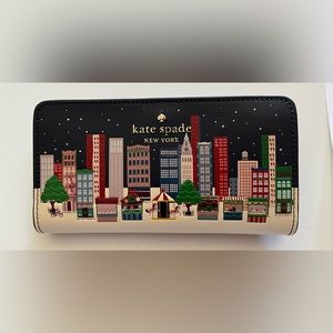 New Kate Spade winter large slim bifold wallet winter scenery, navy leather rare